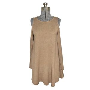 Loveriche Camel Color Knit Cold Shoulder Swing Dress